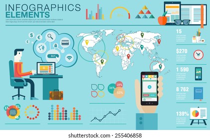 Flat modern design vector illustration concept of creative office workspace, workplace. Icon collection in stylish colors of business work flow items, elements. Infographics elements with World map