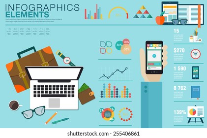 Flat modern design vector illustration concept of creative office workspace, workplace. Icon collection in stylish colors of business work flow items, elements. Infographics elements