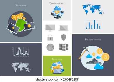 Flat modern design vector illustration and icon. Concept electronic commerce. Bitcoin mining. Cloud technology. Virtual money. Infographic Element. Network Earnings. Digital World map, graph, diagram.