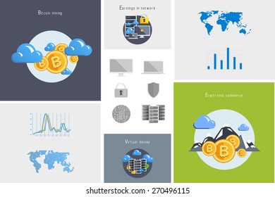 Flat modern design vector illustration and icon. Concept electronic commerce. Bitcoin mining. Cloud technology. Virtual money. Infographic Element. Network Earnings. Digital World map, graph, diagram.