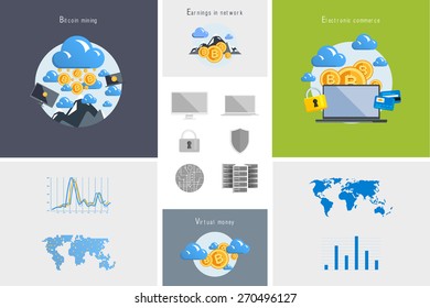 Flat modern design vector illustration and icon. Concept electronic commerce. Bitcoin mining. Cloud technology. Virtual money. Infographic Element. Network Earnings. Digital World map, graph, diagram.