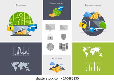 Flat modern design vector illustration and icon. Concept electronic commerce. Bitcoin mining. Cloud technology. Virtual money. Infographic Element. Network Earnings. Digital World map, graph, diagram.