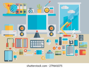 Flat modern design vector illustration concept of creative school desktop, workspace, workplace. Icon collection in stylish colors of education process, office items, tools, devices, elements, objects