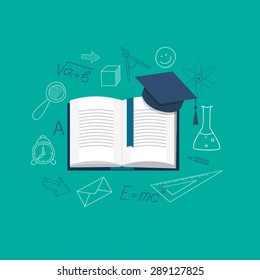 Flat modern design  vector illustration concept of  training, education, studying with book, academic cap and hand drawn icons and symbols - eps 10