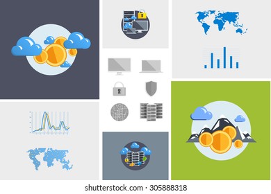 Flat modern design vector illustration and icon. Concept electronic commerce. Bitcoin mining. Cloud technology. Virtual money. Infographic Element. Network Earnings. Digital World map, graph, diagram.