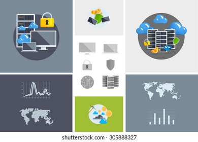 Flat modern design vector illustration and icon. Concept electronic commerce. Bitcoin mining. Cloud technology. Virtual money. Infographic Element. Network Earnings. Digital World map, graph, diagram.