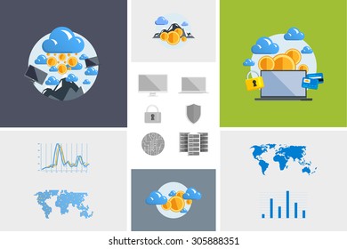 Flat modern design vector illustration and icon. Concept electronic commerce. Bitcoin mining. Cloud technology. Virtual money. Infographic Element. Network Earnings. Digital World map, graph, diagram.