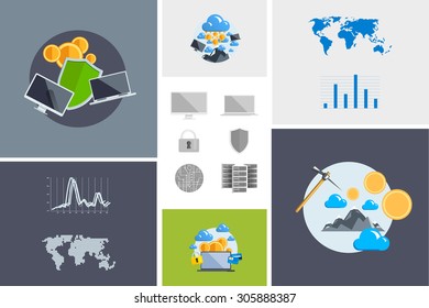 Flat modern design vector illustration and icon. Concept electronic commerce. Bitcoin mining. Cloud technology. Virtual money. Infographic Element. Network Earnings. Digital World map, graph, diagram.