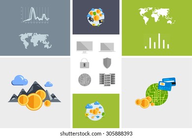 Flat modern design vector illustration and icon. Concept electronic commerce. Bitcoin mining. Cloud technology. Virtual money. Infographic Element. Network Earnings. Digital World map, graph, diagram.