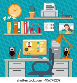 Flat modern design vector illustration concept of home workspace, workplace, desktop. Home work flow items, essentials, things, equipment, elements, objects, development tools. Room interior
