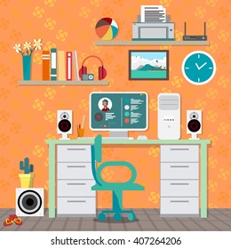 Flat modern design vector illustration concept of home workspace, workplace, desktop. Home work flow items, essentials, things, equipment, elements, objects, development tools. Interior woman's room