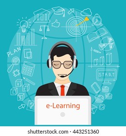 Flat modern design vector illustration concept of  business online education, e-learning with man,  laptop,  headphone and hand drawn symbols. eps 10