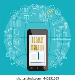 Flat modern design vector illustration concept of  business online education, e-learning with mobile phone and hand drawn symbols. eps 10