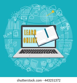 Flat modern design vector illustration concept of  business online education, e-learning with laptop, book and hand drawn symbols. eps 10