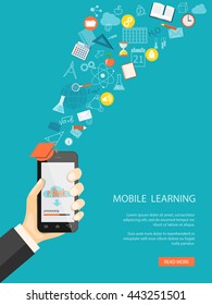 Flat modern design vector illustration concept of  online education, e-learning with mobile phone in the hand, icons and hand drawn symbols. eps 10