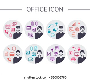 Flat modern design vector illustration concept of creative office workspace, workplace. Icon collection in stylish colors of business work flow items, elements. Elements for web and mobile app.
