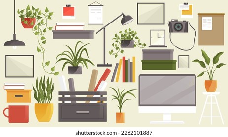 Flat modern design vector interior items set concept of creative office room interior workspace, workplace. Icon collection stylish colors business work flow items elements, things, equipment, objects