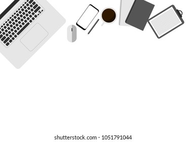 Flat modern design of working desk on top view with laptop, smartphone, mouse, coffee, book and pencil, Vector illustration