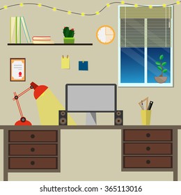 Flat modern design workplace in room.