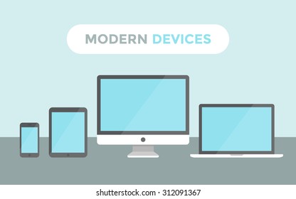 Flat modern devices mockup. Laptop, desktop, tablet pc and smartphone
