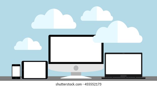 Flat modern devices mockup. Laptop, desktop, tablet pc and smartphone on blue beckground whith clouds.
