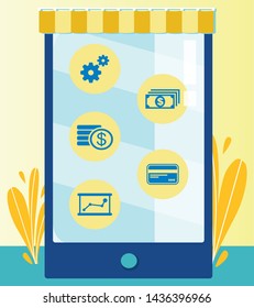 Flat Modern Digital Phone with Internet of Things Apps. Huge Cartoon Mobile Screen with Icons as Online Banking, Purchasing, Payment, Virtual Cards, Settings and Analyzing Data. Vector Illustration