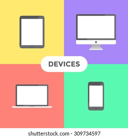 Flat modern electronic devices on colored background