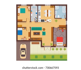 Flat Modern Family House Interior And Room Spaces From Top View Illustration Showing Living Room, Dining Room, Kitchen, Bedroom, Family Room, And Garage.