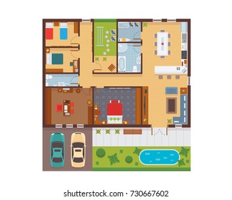 Flat Modern Family House Interior And Room Spaces From Top View Illustration Showing Living Room, Dining Room, Kitchen, Bedroom, Family Room, and Garage.