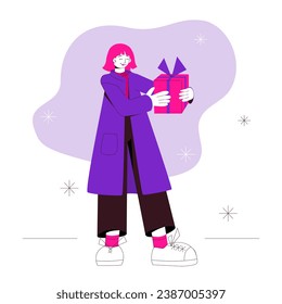 Flat modern female person with gift box. Young woman brutal character in warm clothes giving someone present. Christmas composition