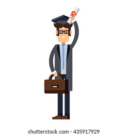 Flat modern graduation man successful graduate students education knowledge school university college graduation guy. Happy graduation male student uniform throwing caps vector.