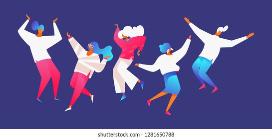 Flat modern group of people dancing. Men and women in dynamic poses on blue background. Vivid pink gradients and white clothes, flying hair, hands up