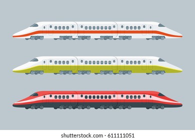 Flat modern high-speed trains collection of different colors on gray background isolated vector illustration