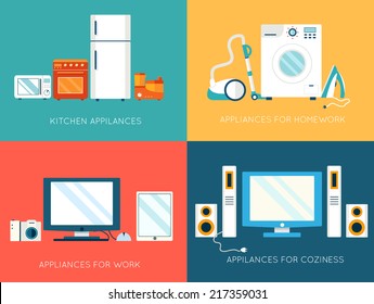 Flat modern home electronics appliances set icons concept. Vector illustration design