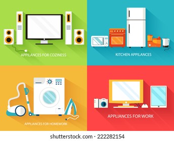 Los electrodomésticos modernos y planos configuran el concepto de iconos. Diseño de ilustración de vector