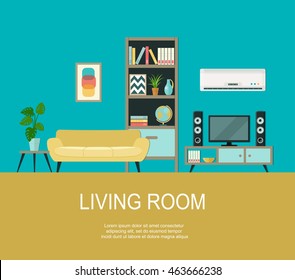 Flat modern home electronics appliances set icons concept. Living room modern interior. Vector illustration design