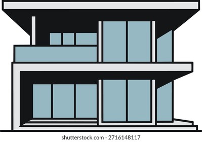 Vetor de elevação frontal da casa moderna plana com linhas limpas e painéis de vidro. Ilustração exterior arquitetônica isolada sobre fundo branco.