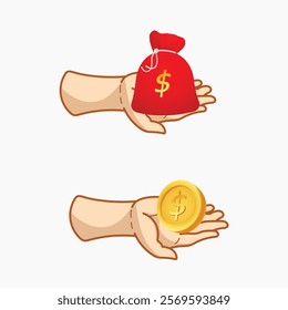 Flat and modern Human hands with dollars gold coins and bag coins on the white background