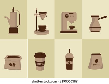 Flat modern Icon set for coffee shop, Collection of outline icons. Simple vector illustration with cream background.