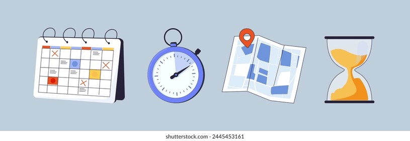 Iconos modernos planos sobre ubicación, hora y fecha. Contiene iconos como el reloj, la programación, el calendario y el pin. Recordatorio en calendario, planificación empresarial, eventos.