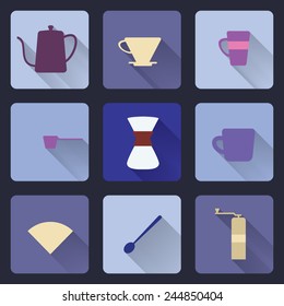 Flat modern icons for coffee shop. Brewing coffee by pour over method. Long shadow.