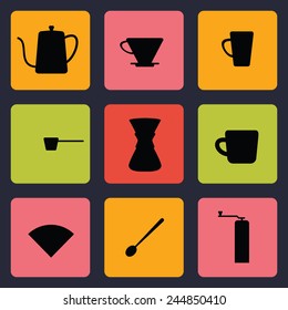 Flat modern icons for coffee shop. Brewing coffee by pour over method. Long shadow.