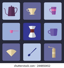 Flat modern icons for coffee shop. Brewing coffee by pour over method. Long shadow.