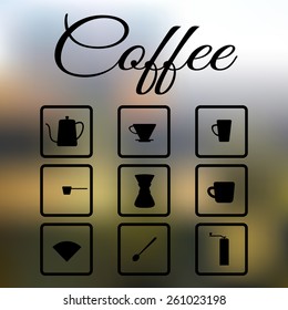 Flat modern icons for coffee shop. Brewing coffee by pour over method. Blur background.