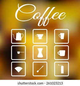 Flat modern icons for coffee shop. Brewing coffee by pour over method. Blur background.