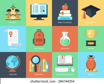 Flat modern icons for education and knowledge. Elements for graphic and web design