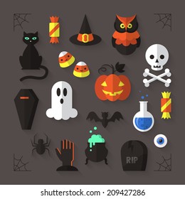 Flat modern icons for Halloween holiday. Vector illustration 