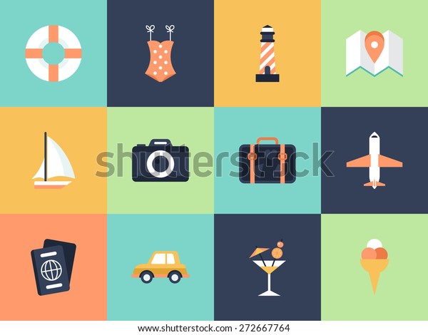 Flat modern icons for summer\
holiday vacation concept. Elements for graphic and web\
design