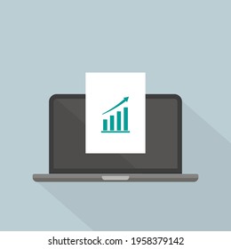 Flat Modern Illustration Of Analytics Process With Infographic Chart Displayed On The Open Laptop And Business Analyzing Symbols On Long Shadows Such Us Research, Idea, Diagram And Task List.Eps 10.