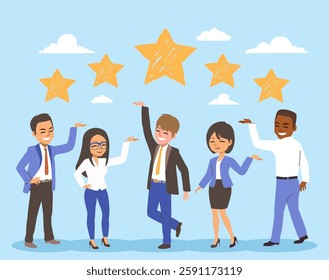 Flat modern illustration of business with 5 star rating symbolizing best quality and satisfactory business. Best user experience and trust concept